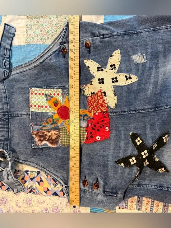 Sedona Artist OOAK Patchwork Denim Overalls girlhood floral Star Appliqués L - Picture 5 of 8